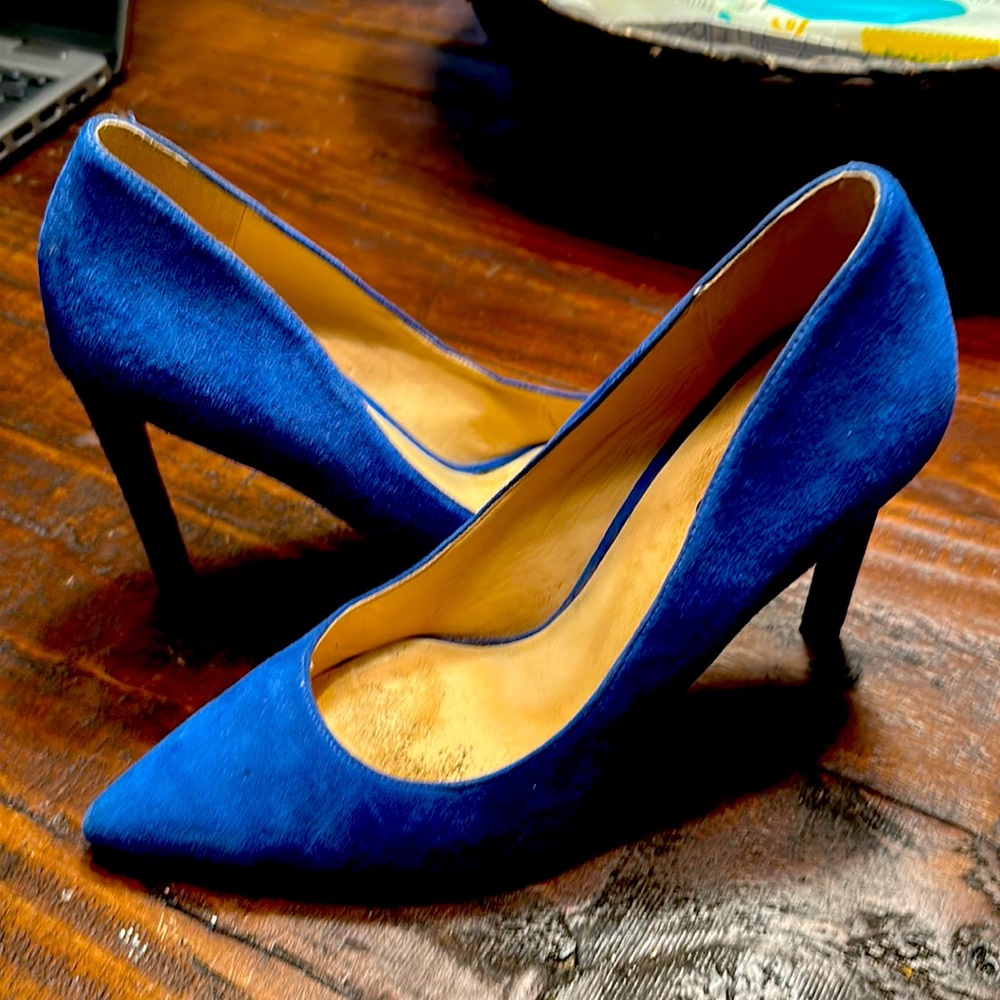 Blue suede heels.
